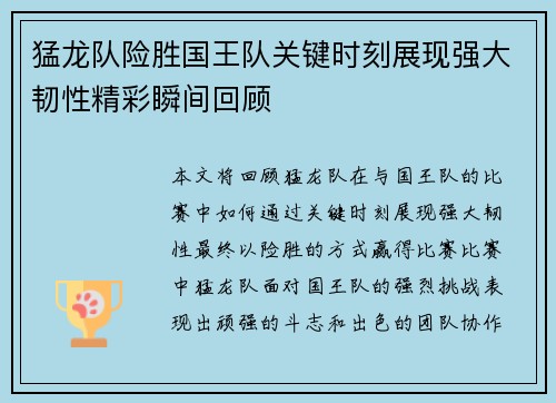 猛龙队险胜国王队关键时刻展现强大韧性精彩瞬间回顾
